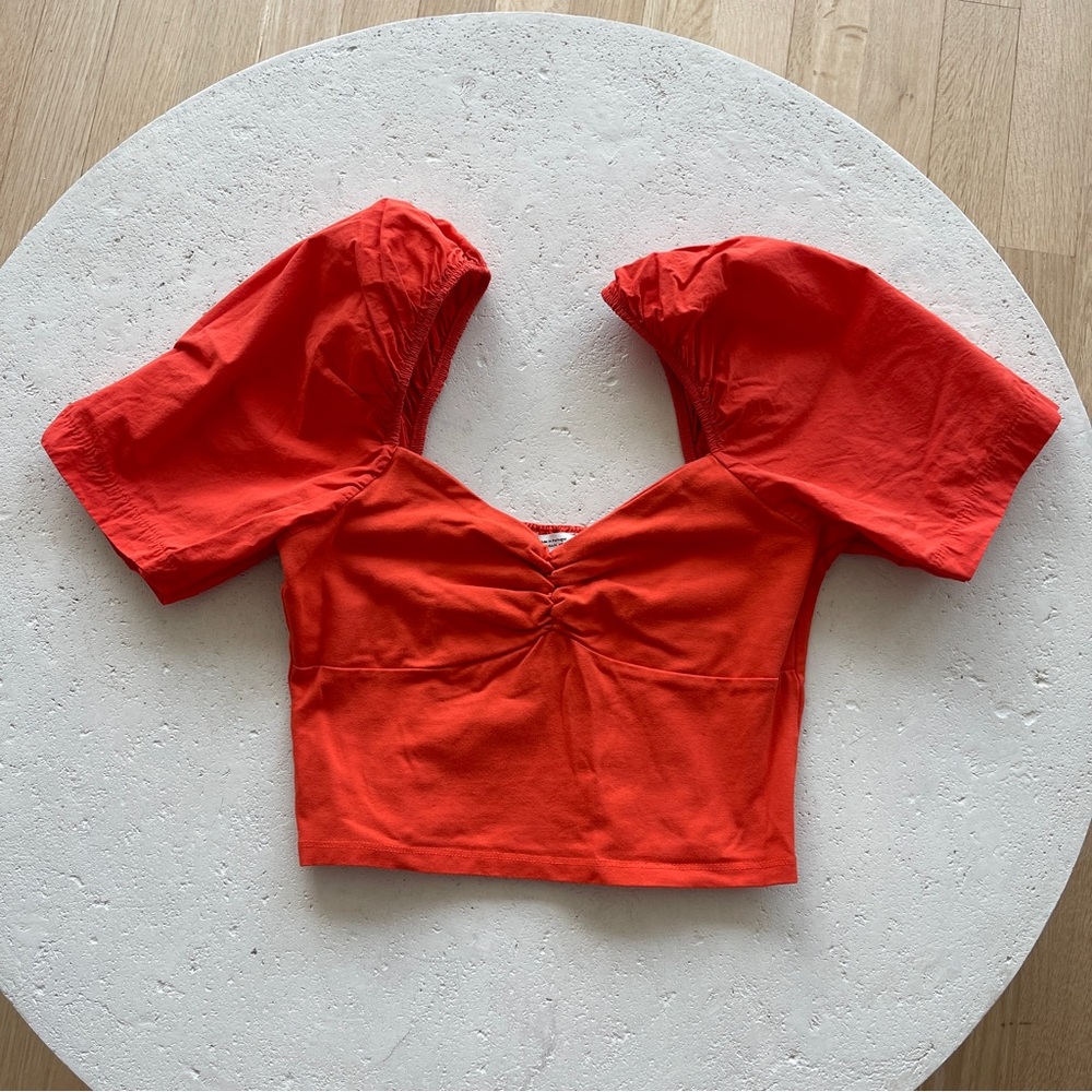 Pull & Bear Cropped Bustier Puff Sleeve Top Ruched Bust Orange Size M